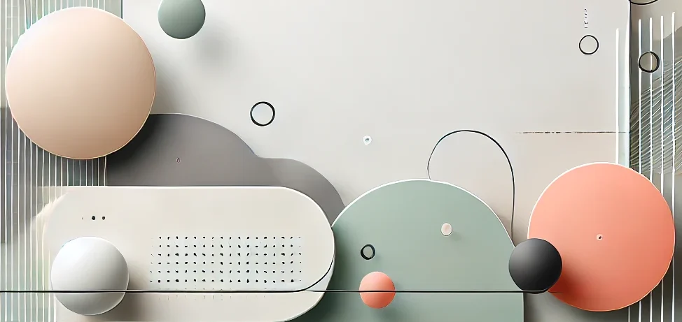 Bunte geometrische Formen auf einem neutralen Hintergrund angeordnet.