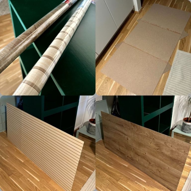 Zwei Rollen Klebefolie - in Holzoptik und mit Streifen - und Spanplatten, die damit beklebt wurden als spätere Regalrückwand