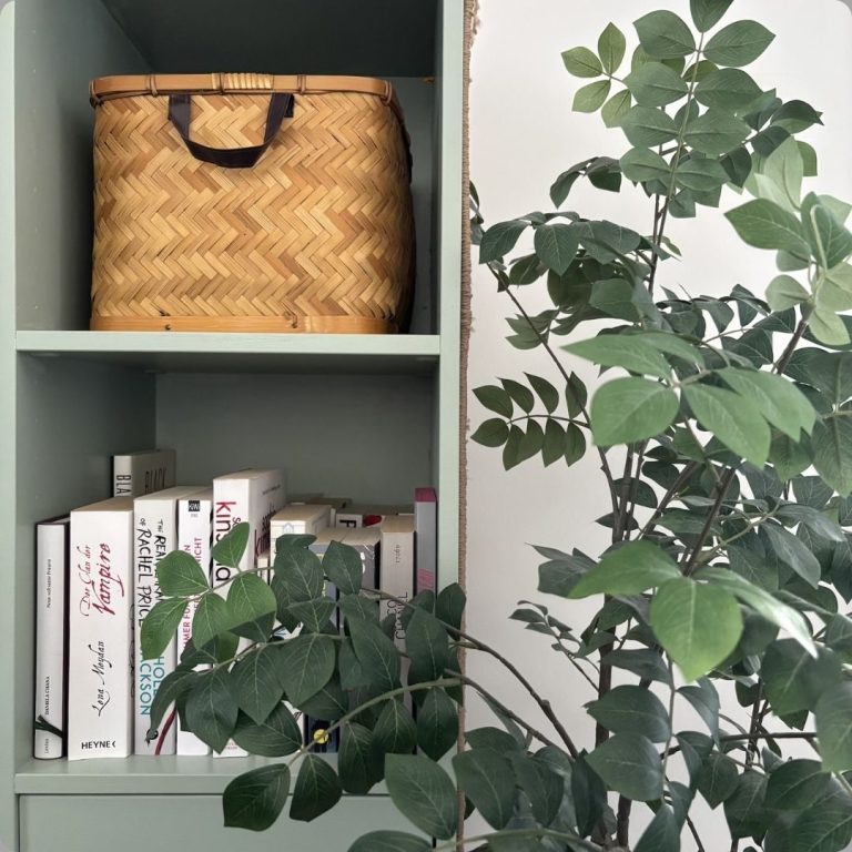 Ein Regal mit einem Korb und Bücher, umgeben von einer grünen Pflanze.
