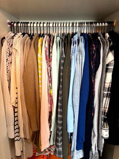 Kleiderschrank mit hängender Kleidung in unterschiedlichen Farben und Materialien - nach Farben sortiert