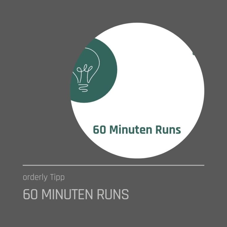Kreisförmige Grafik mit dem Text „60 Minuten Runs“ und einer Glühbirne.