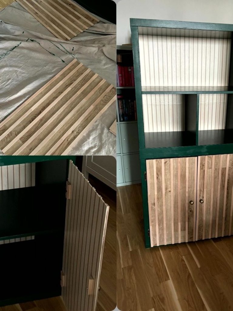 Regal mit grünem Rahmen, Rückwand und selbstgemachte Holztüren in der unteren Hälfte.