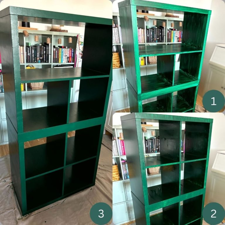 Frisch gestrichenes grünes Bücherregal mit mehreren Fächern, nach 1,2 und 3 Schichten Farbe