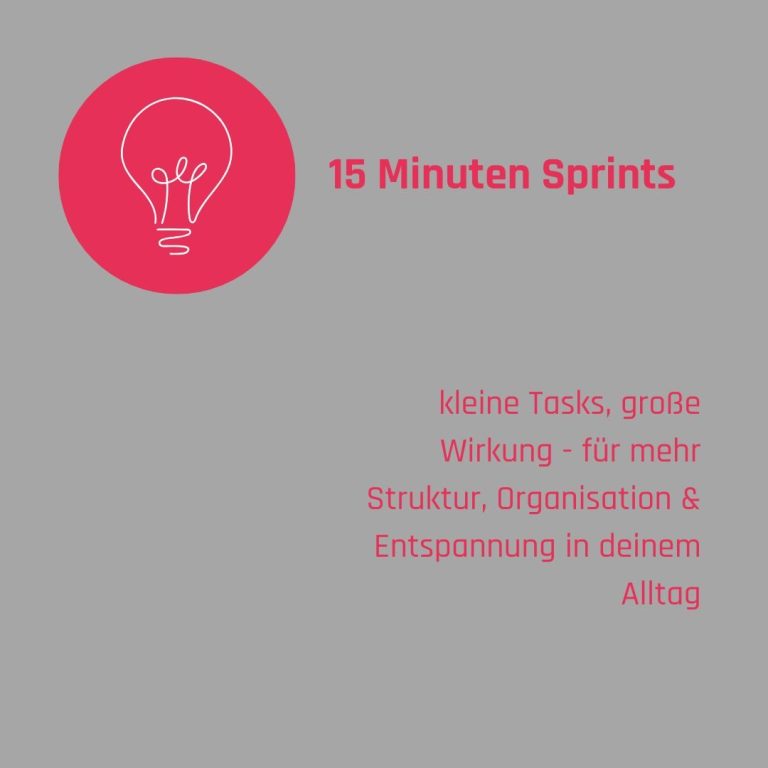 Rosa Grafik mit einer Glühbirne und Text über 15-minütige Sprints für mehr Effektivität.