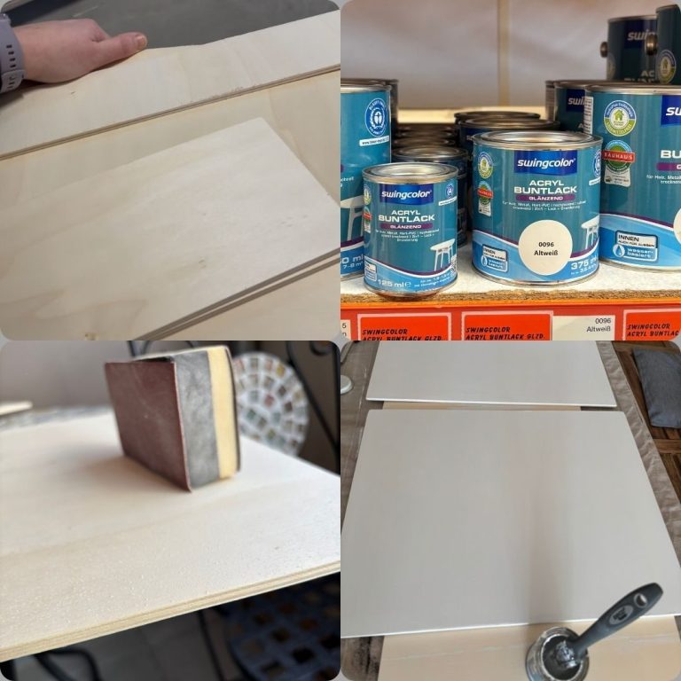Holzplatte mit Farbdosen und Pinsel, Schleif- und Malvorgang der Platten